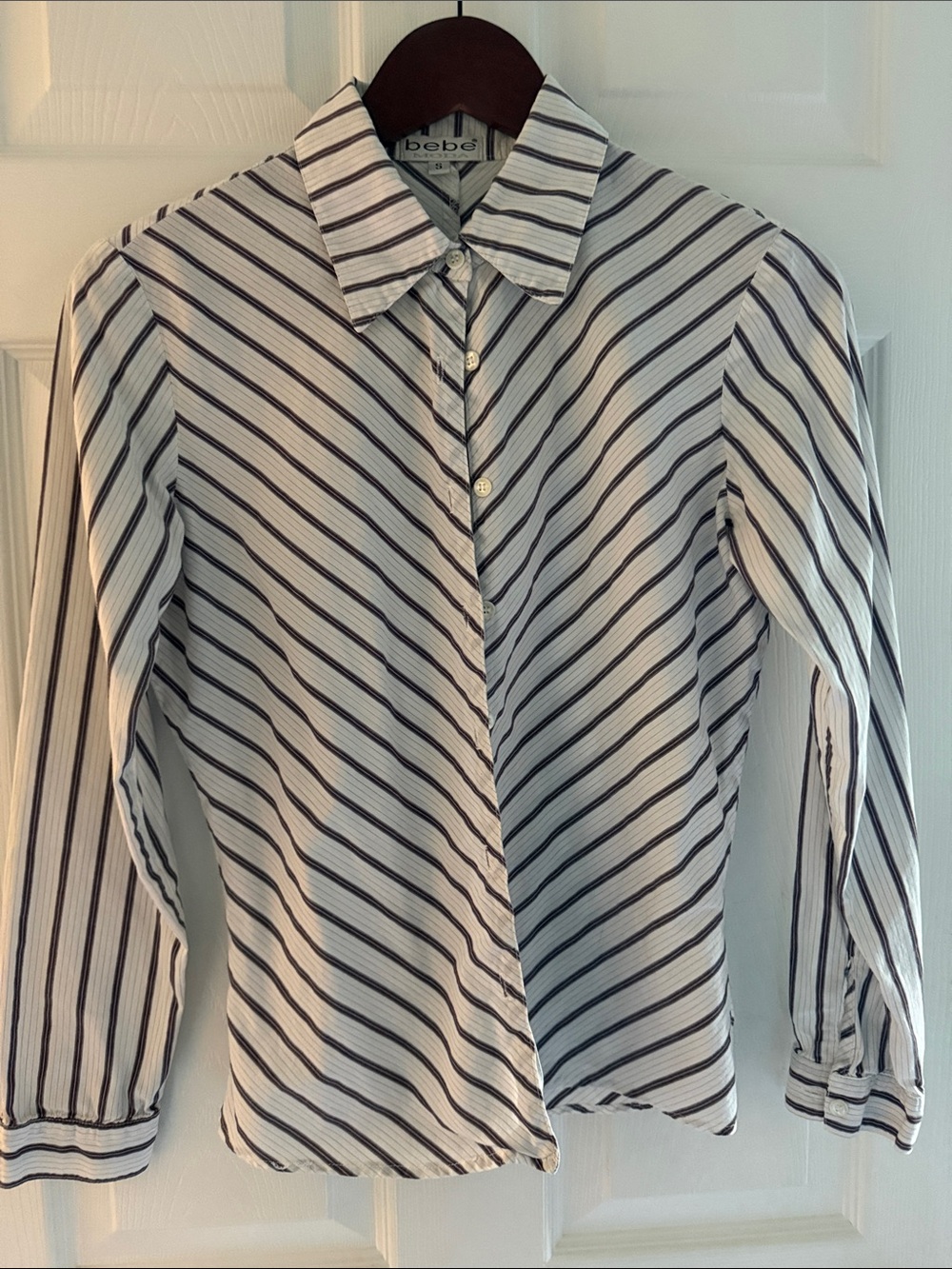 bebe White Vintage (deep wine and grey) Stripe Button-Down Shirt